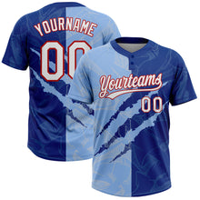 Laden Sie das Bild in den Galerie-Viewer, Custom Graffiti Pattern Light Blue Royal-Red 3D Two-Button Unisex Softball Jersey
