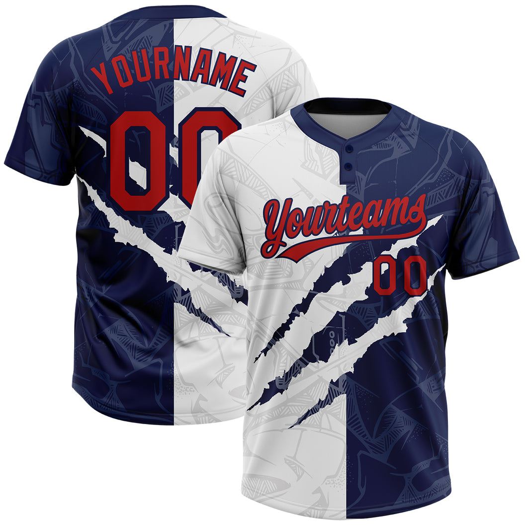 Custom Graffiti Pattern Red-Navy 3D Two-Button Unisex Softball Jersey