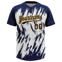 Laden Sie das Bild in den Galerie-Viewer, Custom Navy Gold-White 3D Pattern Abstract Sharp Shape Two-Button Unisex Softball Jersey
