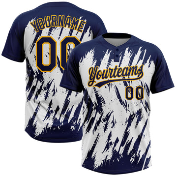 Custom Navy Gold-White 3D Pattern Abstract Sharp Shape Two-Button Unisex Softball Jersey