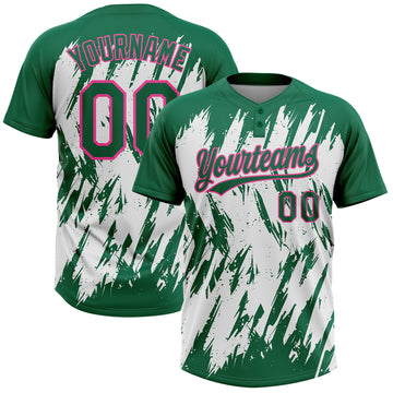 Custom Kelly Green Pink-White 3D Pattern Abstract Sharp Shape Two-Button Unisex Softball Jersey