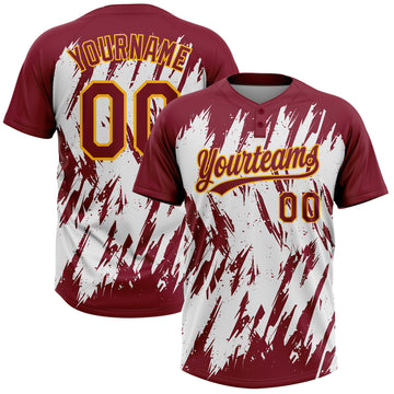 Custom Crimson Gold-White 3D Pattern Abstract Sharp Shape Two-Button Unisex Softball Jersey