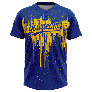 Custom Royal Yellow 3D Pattern Dripping Splatter Art Two-Button Unisex Softball Jersey