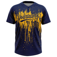 Laden Sie das Bild in den Galerie-Viewer, Custom Navy Gold 3D Pattern Dripping Splatter Art Two-Button Unisex Softball Jersey
