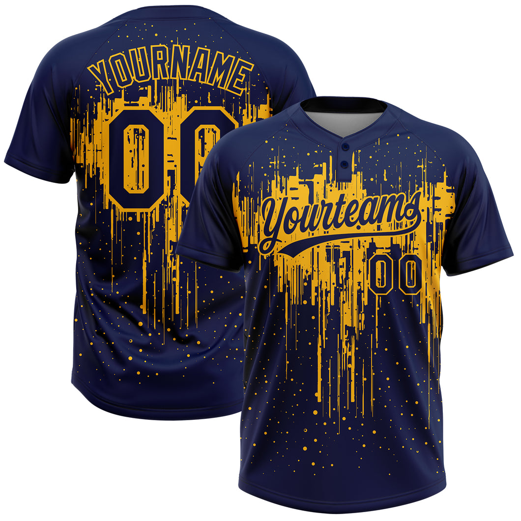 Custom Navy Gold 3D Pattern Dripping Splatter Art Two-Button Unisex Softball Jersey