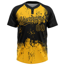 Laden Sie das Bild in den Galerie-Viewer, Custom Black Gold 3D Pattern Abstract Splatter Grunge Art Two-Button Unisex Softball Jersey
