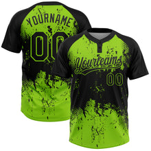 Laden Sie das Bild in den Galerie-Viewer, Custom Black Neon Green 3D Pattern Abstract Splatter Grunge Art Two-Button Unisex Softball Jersey
