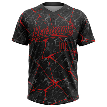 Custom Black Red 3D Pattern Abstract Network Two-Button Unisex Softball Jersey