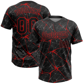 Custom Black Red 3D Pattern Abstract Network Two-Button Unisex Softball Jersey