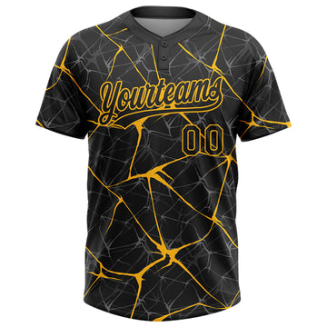 Custom Black Gold 3D Pattern Abstract Network Two-Button Unisex Softball Jersey