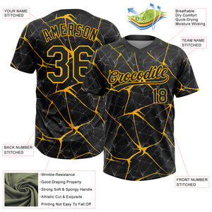 Custom Black Gold 3D Pattern Abstract Network Two-Button Unisex Softball Jersey