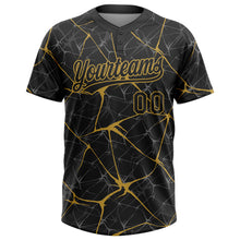 Load image into Gallery viewer, Custom Black Old Gold 3D Pattern Abstract Network Two-Button Unisex Softball Jersey
