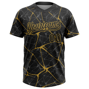 Custom Black Old Gold 3D Pattern Abstract Network Two-Button Unisex Softball Jersey