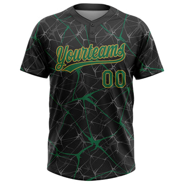 Custom Black Kelly Green-Old Gold 3D Pattern Abstract Network Two-Button Unisex Softball Jersey
