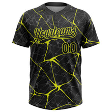 Load image into Gallery viewer, Custom Black Neon Yellow 3D Pattern Abstract Network Two-Button Unisex Softball Jersey
