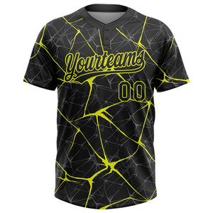 Custom Black Neon Yellow 3D Pattern Abstract Network Two-Button Unisex Softball Jersey
