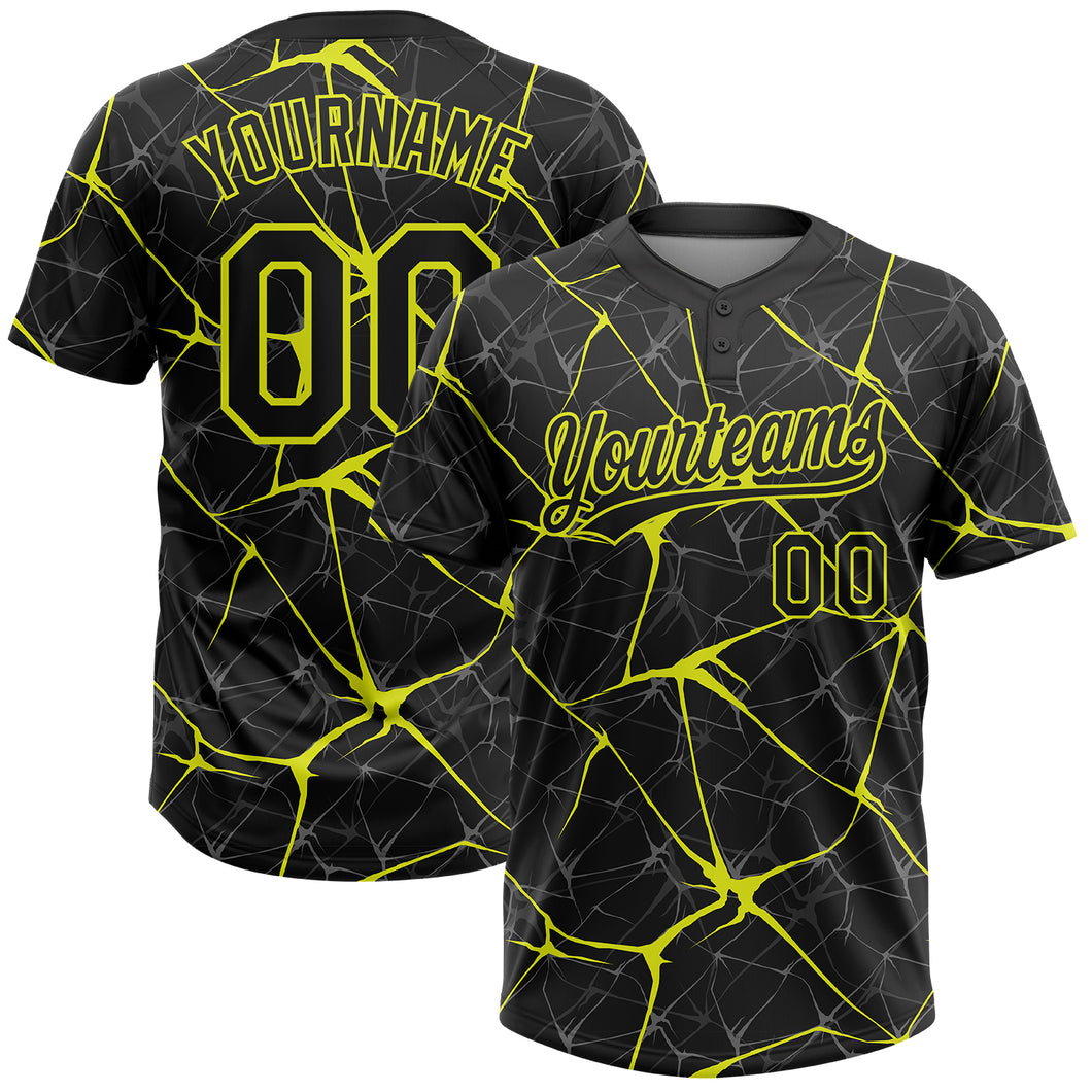 Custom Black Neon Yellow 3D Pattern Abstract Network Two-Button Unisex Softball Jersey