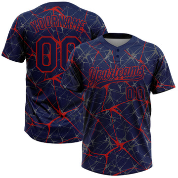 Custom Navy Red 3D Pattern Abstract Network Two-Button Unisex Softball Jersey