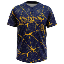 Load image into Gallery viewer, Custom Navy Gold 3D Pattern Abstract Network Two-Button Unisex Softball Jersey
