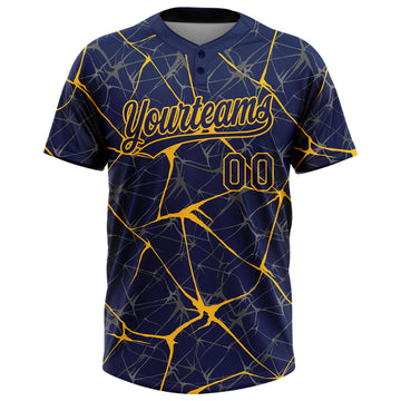 Custom Navy Gold 3D Pattern Abstract Network Two-Button Unisex Softball Jersey