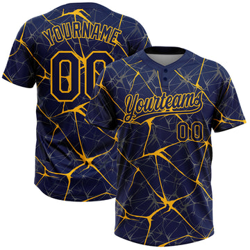 Custom Navy Gold 3D Pattern Abstract Network Two-Button Unisex Softball Jersey