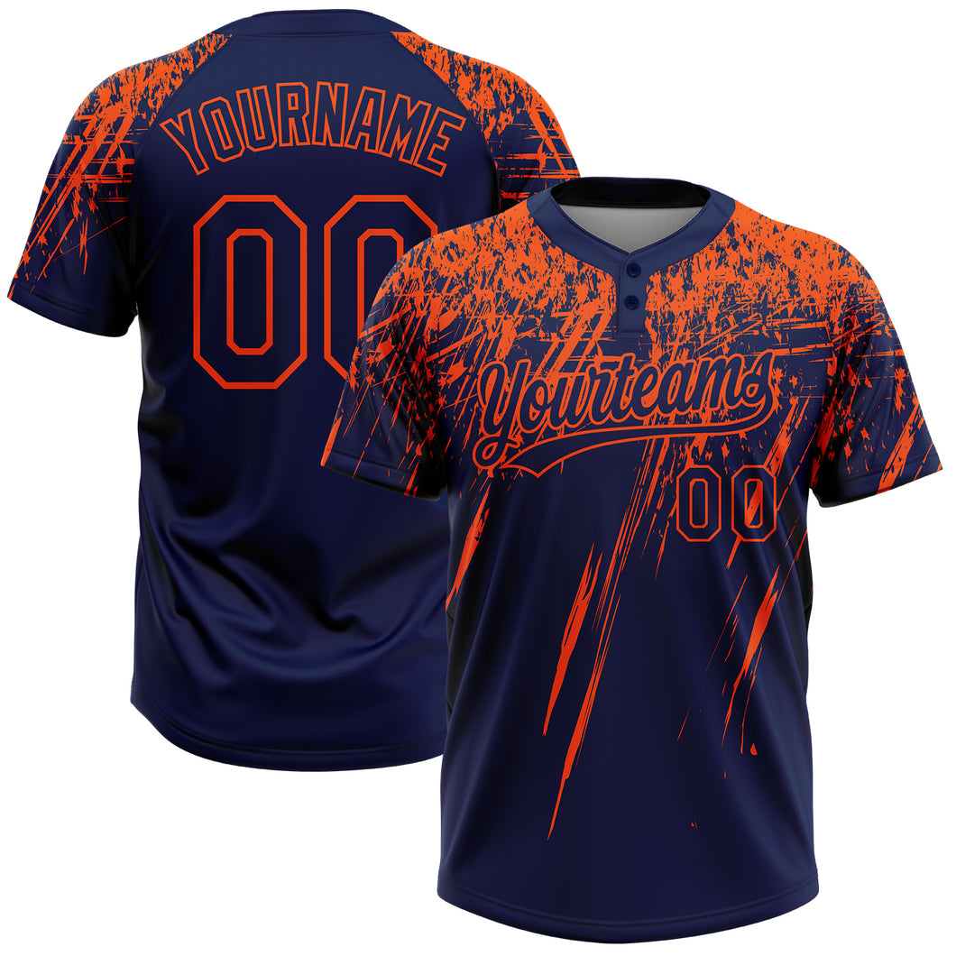 Custom Navy Orange 3D Pattern Abstract Sharp Shape Two-Button Unisex Softball Jersey