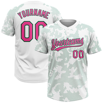 Custom White Pink-Kelly Green 3D Pattern Curve Lines Two-Button Unisex Softball Jersey