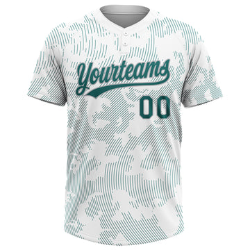 Custom White Teal-Gray 3D Pattern Curve Lines Two-Button Unisex Softball Jersey