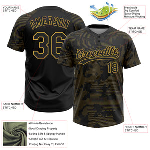 Custom Black Old Gold 3D Pattern Curve Lines Two-Button Unisex Softball Jersey