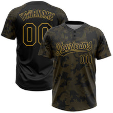 Load image into Gallery viewer, Custom Black Old Gold 3D Pattern Curve Lines Two-Button Unisex Softball Jersey
