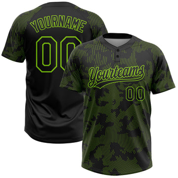 Custom Black Neon Green 3D Pattern Curve Lines Two-Button Unisex Softball Jersey
