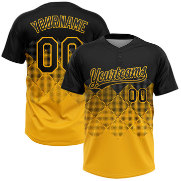 Custom Black Gold 3D Pattern Gradient Square Shapes Two-Button Unisex Softball Jersey