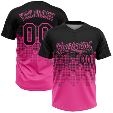 Custom Black Pink 3D Pattern Gradient Square Shapes Two-Button Unisex Softball Jersey