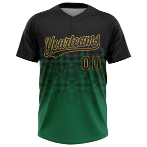 Custom Black Kelly Green-Old Gold 3D Pattern Gradient Square Shapes Two-Button Unisex Softball Jersey