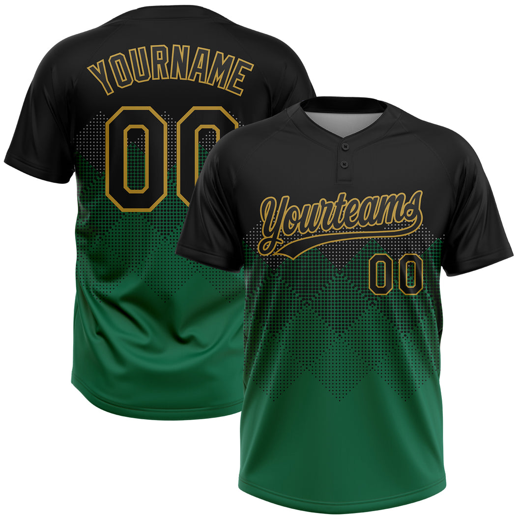 Custom Black Kelly Green-Old Gold 3D Pattern Gradient Square Shapes Two-Button Unisex Softball Jersey