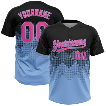 Custom Black Pink-Light Blue 3D Pattern Gradient Square Shapes Two-Button Unisex Softball Jersey