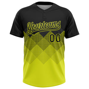 Custom Black Neon Yellow 3D Pattern Gradient Square Shapes Two-Button Unisex Softball Jersey