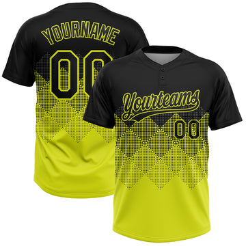 Custom Black Neon Yellow 3D Pattern Gradient Square Shapes Two-Button Unisex Softball Jersey