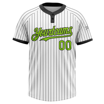 Custom White Black Pinstripe Neon Green Two-Button Unisex Softball Jersey