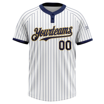 Custom White Navy Pinstripe Old Gold Two-Button Unisex Softball Jersey