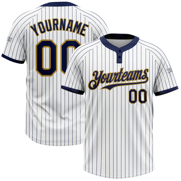 Custom White Navy Pinstripe Old Gold Two-Button Unisex Softball Jersey