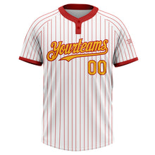 Load image into Gallery viewer, Custom White Red Pinstripe Gold Two-Button Unisex Softball Jersey
