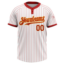 Laden Sie das Bild in den Galerie-Viewer, Custom White Red Pinstripe Gold Two-Button Unisex Softball Jersey
