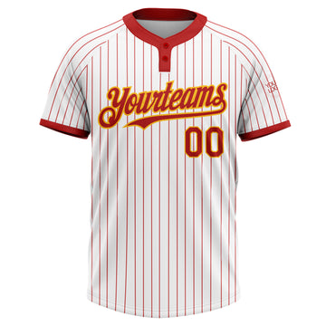Custom White Red Pinstripe Gold Two-Button Unisex Softball Jersey