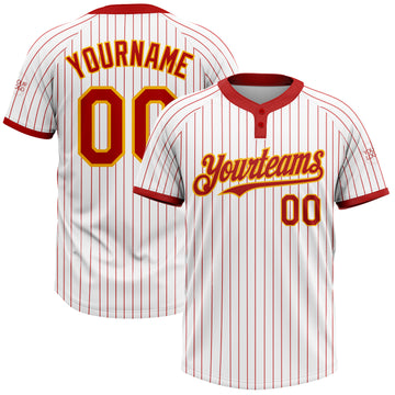 Custom White Red Pinstripe Gold Two-Button Unisex Softball Jersey