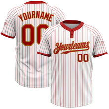 Load image into Gallery viewer, Custom White Red Pinstripe Old Gold Two-Button Unisex Softball Jersey
