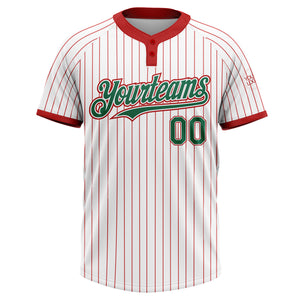 Custom White Red Pinstripe Kelly Green Two-Button Unisex Softball Jersey