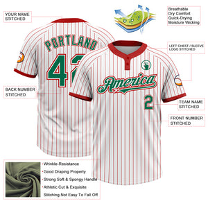 Custom White Red Pinstripe Kelly Green Two-Button Unisex Softball Jersey