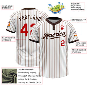 Custom White Brown Pinstripe Red Two-Button Unisex Softball Jersey
