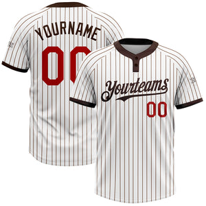Custom White Brown Pinstripe Red Two-Button Unisex Softball Jersey